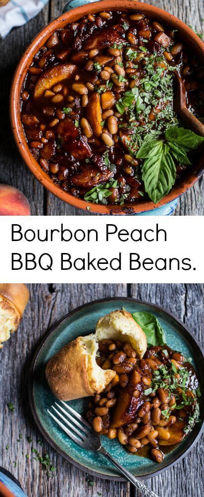 Bourbon Peach BBQ Baked Beans | halfbakedharvest.com @hbharvest Baked Beans With Peaches, Peach Bourbon Baked Beans, Peach Baked Beans, Peach Bbq, Baked Peaches, Sweet Beans, Best Baked Beans, Bbq Baked Beans, Baked Bean Recipes