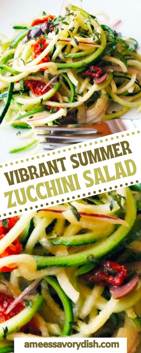 This Vibrant Summer Zucchini Salad creates a quick, easy cold summer side dish. This recipe will become a hit among any cookout BBQ. This summer zucchini salad is a delicious side dish option with zucchini spirals, olives, sun-dried tomatoes, and vibrant citrus dressing. With these bright, beautiful flavors, you and your guests will always enjoy this recipe! Cookout Sides Healthy, Summer Harvest Recipes, Summer Zucchini Side Dish, Zucchini Salad Recipes Cold, Zucchini Summer Salad, Zucchini And Squash Salad, Squash Salad Recipes Summer, Cold Zucchini Recipes, Cold Zucchini Salad