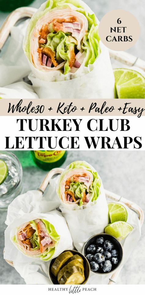 A simple and delicious Turkey Club Lettuce Wrap that is Whole30, Keto and Paleo compliant. This wrap is so amazing, you won't even miss having the bread. Serve with berries, pickles and sparkling water, and you have the perfect lunch. #lettucewrap #turkeycub #turkeyclublettucewrap #ketolunch #ketorecipes #whole30recipes #whole30 #whole30lunch Whole 30 Lettuce Wraps, Low Calorie Whole 30 Recipes, Whole30 Packed Lunch, Whole 30 Sandwich, Whole 30 Wrap Recipes, Whole 30 Wraps, Whole30 Cold Lunch Ideas, Whole 30 Quick Lunch, Whole 30 Breakfast Sandwich