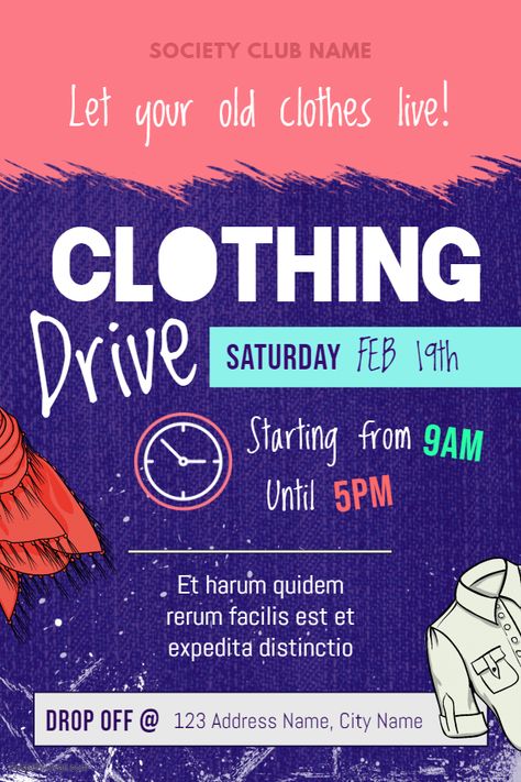 Maximalist creative clothing drive charity poster Clothing Drive Ideas, Clothing Drive Poster, Donation Drive Poster, Charity Fundraiser Ideas, Donate Clothes Poster, Donation Poster Charity, Charity Poster Design Ideas, Clothing Drive Flyer, Creative Certificate Design