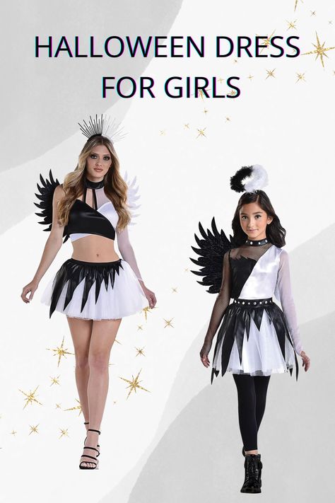 A perffect Black and White twisted angel outfit for girls and women - all sizes available- check out the link #affiliate Halloween Dresses For Girls, Twisted Angel, Black White Outfit, Angel Outfit, Angel Costume, Halloween Diy Crafts, White Outfit, Halloween Parties, Halloween Dress