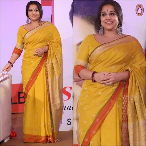 Yellow Sarees, Kerala Saree Blouse Designs, Nostalgic Aesthetic, Cotton Blouse Design, Indian Women Fashion, Floral Print Sarees, Yellow Blossom, Vidya Balan, Indian Fashion Saree