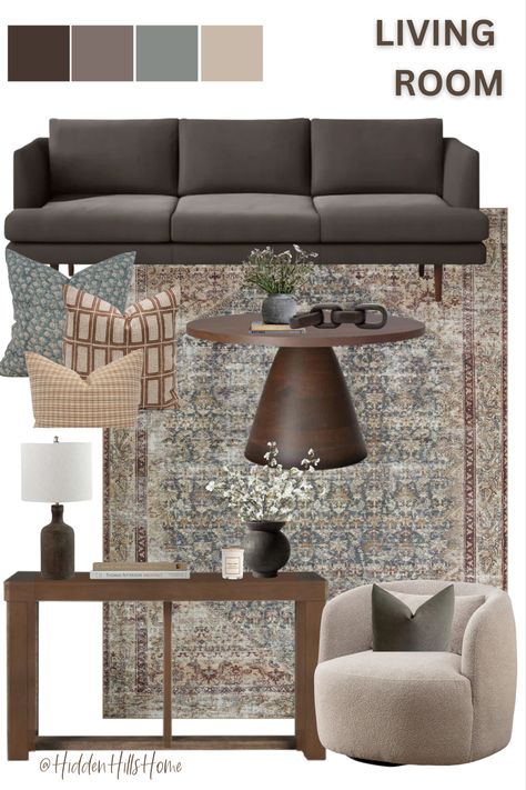 Modern Transitional living room decor mood board with a brown sofa and a cream swivel accent chair! This living room design features brown, rust, and pops of teal blue Dark Brown Chairs Living Room, Organic Modern Living Room Dark Grey Couch, Browns And Black Living Room, Charcoal Couch Mood Board, Grey Couch Transitional Living Room, Decorating With Dark Grey Couch, Brown And Charcoal Living Room, Grey With Brown Living Room, Brown And Grey Decor