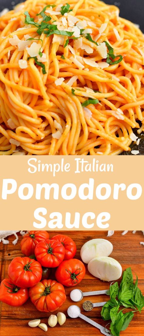 Pomodoro sauce is light and fresh made with only 5 main ingredients and a couple simple seasonings. It's a perfect combination of fresh tomatoes, onion, garlic, fresh basil, and extra virgin olive oil. Pomodoro Sauce, Best Sauce Recipe, Italian Tomato Sauce, Garlic Uses, Easy Main Dishes, Italian Sauce, Pasta Dinners, Marinade Recipes, Easy Family Dinners