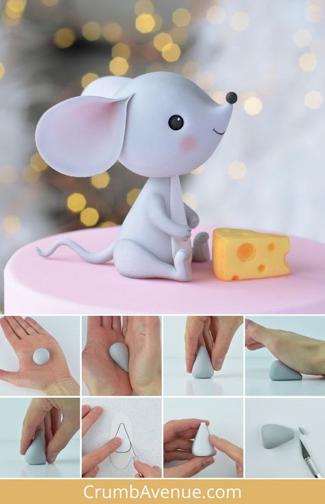 Step By Step Clay Animals Easy, Fondant Mouse Tutorial, Cute Fondant Figures, Animal Fondant Cake, How To Make Toppers For Cakes, How To Make Clay Animals, Birthday Cake Ideas For Girls Kids, Fondant Cake Toppers Tutorial, How To Make Fondant Animals