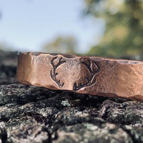 A handmade solid copper cuff bracelet for the hunter you love! This bracelet was created in fire for a rustic finish. The classic cuff that no man should be without. This bracelet is as unique as he is, no two will ever be alike. This cuff is 3/8 inch wide. Your bracelet can have an inscription done Antler Bracelet, Mens Copper Bracelet, Horse Bracelet, Black Sharpie, Copper Cuff Bracelet, Copper Cuff, Deer Antler, The Hunter, Deer Antlers