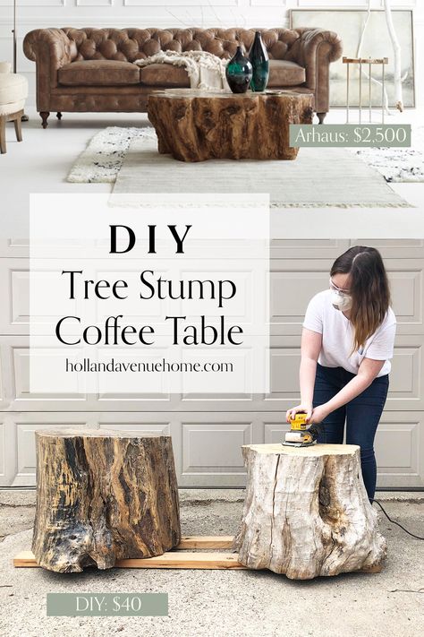 How to make a high-end, low-budget tree stump coffee table for just $40. Perfect project for a beginner! Tree Stump Coffee Table, Stump Coffee Table, Tree Stump Table, Stump Table, Wood Stumps, Coffee Table Size, Diy Tree, House Decor Rustic, One Room Challenge