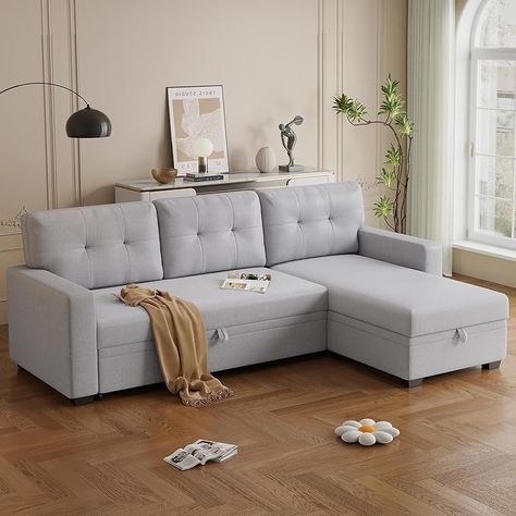 Amazon.com: Acosure 82" Upholstered L-Shape Convertible Sofa with Storage Chaise & Pull-Out Bed,Linen 3 Seater Sectional Couch W/Tufted Backrest,Reversible Sleeper for Living Room Apartment Office,Light Gray : Home & Kitchen Pull Out Couch Bed, L Shaped Sofa Bed, Upholstered Sofa Bed, Office Light, Modern Sleeper Sofa, Living Room Furniture Styles, Living Room Apartment, Sofa With Storage, Pull Out Couch