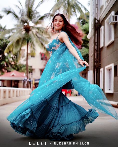 #CelebSpotted💖
Giving us major festive vibes, we spotted @rukshardhillon12 in a stunning Flowy Teal Sharara from newest Kesa Collection(Keep your eyes glued to our Instagram because its gonna be released pretty soon 💃🏻💃🏻💃🏻). Oozing undeniable charm and elegance in this flowy number she wore this for Ganesh Chaturthi and looks like a million bucks. All we can say is we love the #BlueVibes for sure. Rukshar Dhillon, Garara Dress, Indian Wedding Gowns, Sharara Suit, Traditional Indian Outfits, Indian Wedding Outfits, Ganesh Chaturthi, Indian Designer Outfits, Fashion Attire