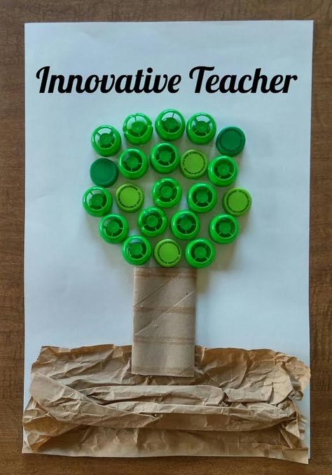 Here's a fun and easy craft that your students can do to celebrate Earth Day. This tree was created with a toilet paper roll, brown paper bag and green tops from apple sauce squeezers.  Have your students bring in their recycled products and "reuse" them to create a fun craft. #education Green Day Craft Ideas, Green Day Celebration In Preschool, Recycling Activities, Earth Day Projects, Save Our Earth, Earth Day Crafts, Arbour Day, Brown Paper Bag, Recycled Items