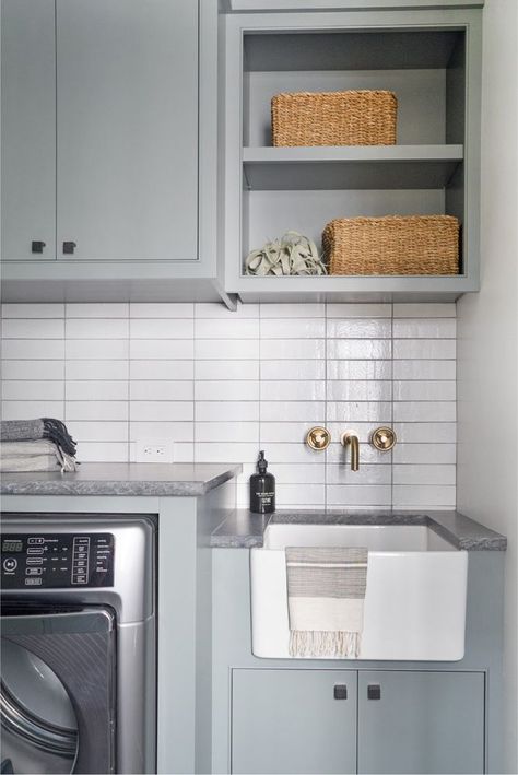 the laundry room we love to love! the backsplash, custom cabinetry, storage space - this really is our ideal place to handle all things laundry! #mgdxbainbridge - Mindy Gayer Design Co. Mindy Gayer Design, Transitional Laundry Room, Small Laundry Room Ideas, Grey Laundry Rooms, Laundry Room Sink, Laundry Room Ideas, Small Sink, Laundry Room Cabinets, Laundry Room Remodel