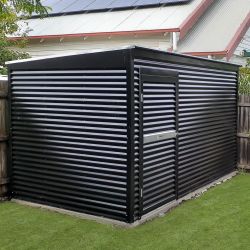 Aluminum Shed Ideas, Horizontal Cladding, Timber Garden Sheds, Sheds Ideas Backyard, Bike Shelter, Corner Sheds, Corrugated Steel, Skillion Roof, Steel Furniture Design