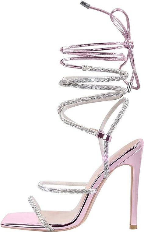 sexytag Women's Strappy Lace Up Chunky Heels Ankle Strap Open Toe Sexy Heeled Sandals Bright Pink Heels, Knee High Gladiator Sandals, Knee High Sandals, Gold Sparkly Heels, Brown Sandals Heels, Diamond Heels, Strappy High Heels Sandals, Sparkly Heels, Strappy High Heels