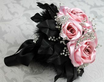 Pink Wedding Bouquet Feather Wedding Bouquet by BouquetByRosaLoren Black White Pink Wedding Bouquet, Pink Gothic Wedding, Black And Pink Goth Wedding, Pink And Black Wedding Flowers, Pink Black Bouquet, Pink And Black Flower Bouquet, Black Pink Flower, Pink And Black Wedding Bouquet, Pink And Black Bouquet