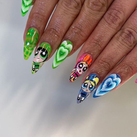 88 Cute & Easy Nail Art Ideas to Try this Spring 2023 | Summer Nails art Cartoon Characters Nails, Cartoon Nail Ideas, Nail Design Cartoon, Powerpuff Girls Nail Art, Powerpuff Nails, Tv Nails, Cartoon Character Nails, Nail Art Cartoon, Easter Nails Designs