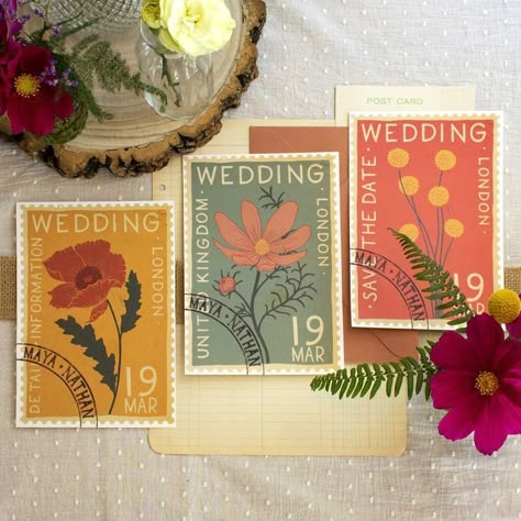 The Vintage Stamp wedding invite suite, which includes: 5x7 invites, 5x7 envelopes in dark peach, 5x7 details card, A6 RSVP card, C6 envelopes in kraftThis wedding invitation suite is the perfect choice for couples who are after something colourful and fun but with a vinatge theme. A popular choice for outdoor weddings in barns and meadows. Printed onto a luxurious, smooth, thick 400gsm off-white card stock that is FSC-certified and made from chlorine-free pulp. All details, including the... Vintage Flower Invitation, Vintage Floral Stamps, Love Letter Wedding Invitation, Vintage Postcard Wedding Invitations, Botanical Wedding Invite, Wedding Invite Vintage, Alternative Wedding Invites, Little Women Wedding Theme, Unconventional Wedding Invitations