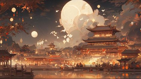 Chinese Vibes Wallpaper, Desktop Wallpaper Chinese, Xianzhou Luofu Background, Chinese Wallpaper Desktop, Chinese Background Landscape, Manhua Background, Pc Background, Chinese Background, Dreamy Artwork