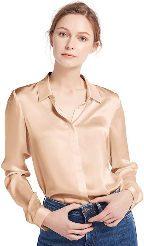 LilySilk Women's 100% Silk Blouse Long Sleeve Ladies Brown Shirt 22 Momme Charmeuse Silk Tops L/12 at Amazon Women’s Clothing store Natural Clothing, Blouse Long Sleeve, Luxury Silk, Womens Long Sleeve Shirts, Natural Silk, 가을 패션, Long Blouse, Silk Shirt, Mulberry Silk