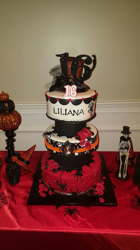 Halloween Theme Sweet 16, Sweet 16 Halloween Cakes, Spooky Sweet 16 Party Ideas, Sweet Sixteen Halloween Party, Halloween Themed Sweet 16 Party, Goth Sweet 16 Party Ideas, Halloween Sweet 16 Party Ideas, Sweet 16 Halloween Party Ideas, Goth Sweet 16