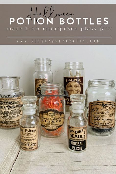 Diy Potion Bottles Labels, Halloween Decorations Potion Bottles, Potion Bottles Halloween, Halloween Decor Potion Bottles, Nightmare Before Christmas Potion Jars, Potion Jars, Witches Kitchen, Halloween Potion, Halloween Potion Bottles