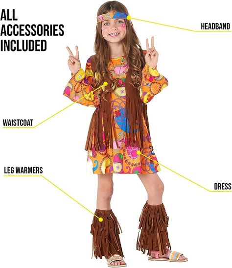 Girls Halloween Hippie Costume Hippie Costume Kids, Hippy Fancy Dress, Girls Holiday Party, Hippie Costume Halloween, 70s Costume, Costume For Girls, Kids Costumes Girls, Costumes Kids, Hippie Dress