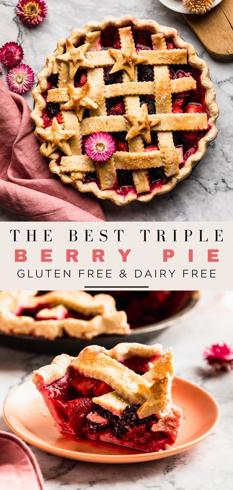 The best gluten free dairy free triple berry pie. Pie Recipes Gluten Free, Gluten Free Strawberry Pie Recipe, Gluten Free Berry Pie, Gluten Free Dairy Free Pie Recipes, Gluten Free Raspberry Pie, Vegan Berry Pie, Dairy Free Gluten Free Pie, Gluten Free Dairy Free Dessert Easy, Gluten And Dairy Free Pie