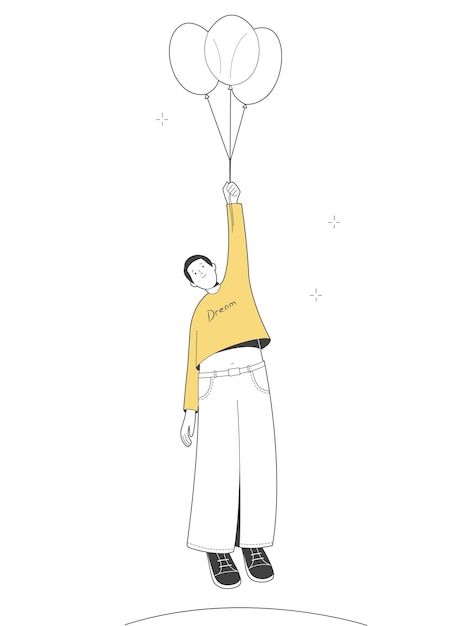 Vector young man flying with air balloon... | Premium Vector #Freepik #vector #people-sketch #illustration-people #flat-people #character-illustration Flying Person Drawing, People Character, Flying Balloon, Memories Book, Illustration People, Simple Character, Person Drawing, Outline Illustration, Vector People