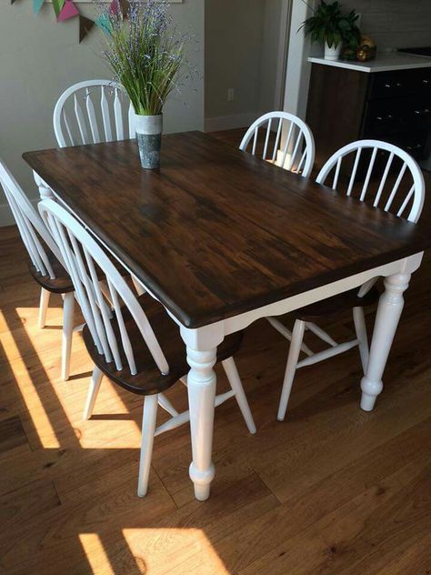 Black And White Wood Table, Two Toned Table And Chairs, White And Brown Kitchen Table, Refinished Chairs Wood, Referb Kitchen Table, Redone Kitchen Table, Black And Wood Kitchen Table, Refurbished Table And Chairs, Wood Table White Chairs