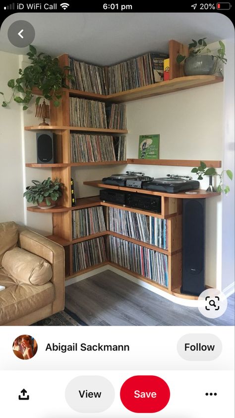 Audiophile Listening Room Vintage, Record Storage Small Space, Stereo Storage Ideas, Tall Record Player Shelf, Record Storage Corner, Tall Vinyl Record Storage, Shelving For Vinyl Records, Dj Decks In Living Room, Vinyl Holder Ideas Record Storage