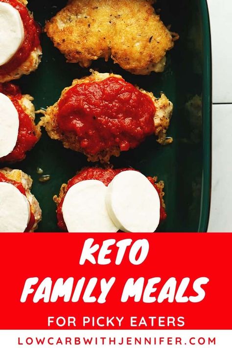 Family Friendly Keto Meals for Picky Eaters • Low Carb with Jennifer Keto Chicken Parmesan, Makanan Diet, Keto Recipes Dinner, Keto Chicken, Low Carb Dinner, Low Carb Keto Recipes, Picky Eater Recipes, Chicken Parmesan, Keto Dinner