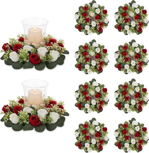 Amazon.com: NUPTIO Flower Wedding Centerpieces for Tables - 10 Pcs 14 inch Diam Large Crimson & White Artificial Flowers Fake Roses Candle Rings Wreaths Spring Summer Wreath for Front Door Weddings Party Decor : Home & Kitchen Christmas Wedding Table Numbers, January Wedding Centerpieces, Round Table Centerpieces Christmas, December Wedding Centerpieces, Center Piece For Dining Table, Winter Wedding Table Decorations, Raven Wedding, Wedding Table Set, Christmas Themed Wedding