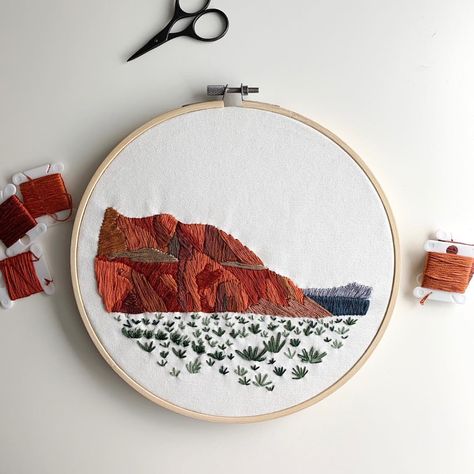 Snow Canyon, UT desert red rock embroidery Grand Canyon Embroidery, Desert Landscape Embroidery, Arizona Embroidery, Desert Embroidery, Rock Embroidery, Landscape Embroidery, Nature Cross Stitch, Desert Art, Hand Embroidery Projects