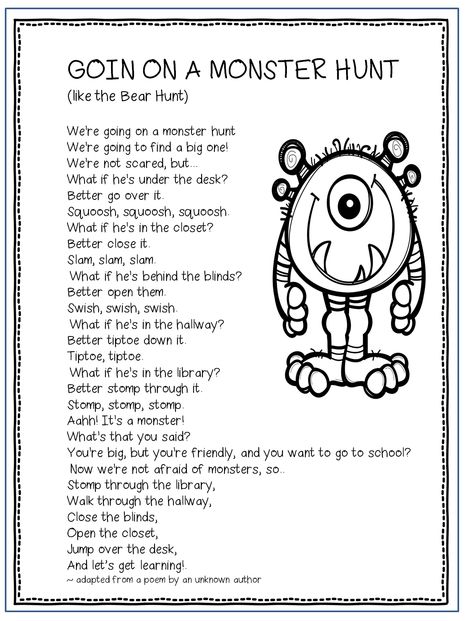 Monster Theme Classroom Preschool, Halloween Poems For Preschool, Monsters Theme Preschool, Monster Art Preschool, Preschool Monster Theme, Halloween Circle Time Activities, Monster Theme Preschool, Halloween Circle Time, Monster Poem