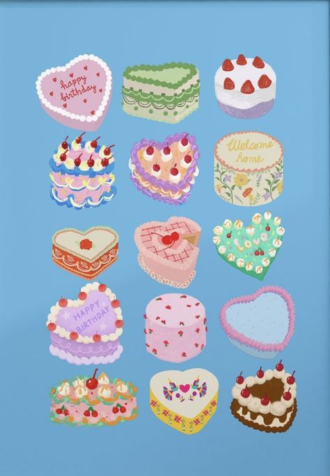 Cute Cake Drawing Aesthetic, Cake Illustration Art, Dessert Illustration Art, Aesthetic Cake Illustration, Heart Cake Illustration, Vintage Cake Illustration, Vintage Dessert Illustration, Piece Of Cake Illustration, Bakery Illustration