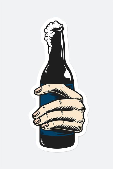 Bottle Sketch, Beer Stickers, Alcohol Bottles, Cafe Logo, Hand Draw, Party People, Bottle Sticker, Hand Holding, Acrylic Wall Art