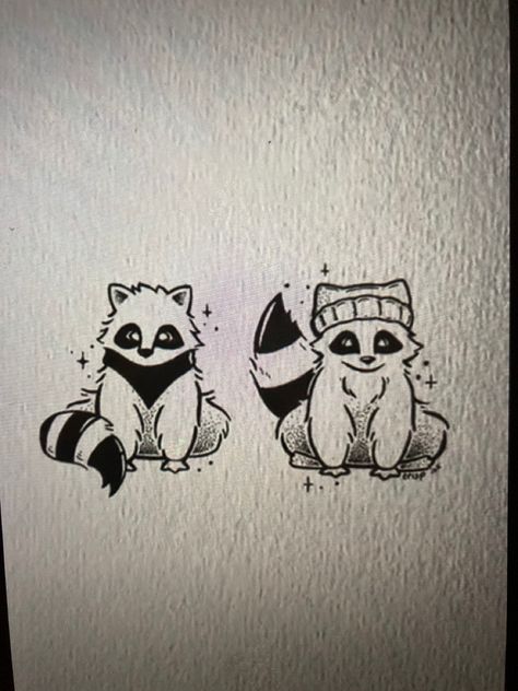 Raccoon With Knife Tattoo, Matching Possum Tattoos, Raccoon Flash Tattoo, Cat And Raccoon Drawing, Raccoon And Possum Tattoo, Raccoon Line Art, Cute Raccoon Drawing Simple, Simple Raccoon Tattoo, Matching Raccoon Tattoo