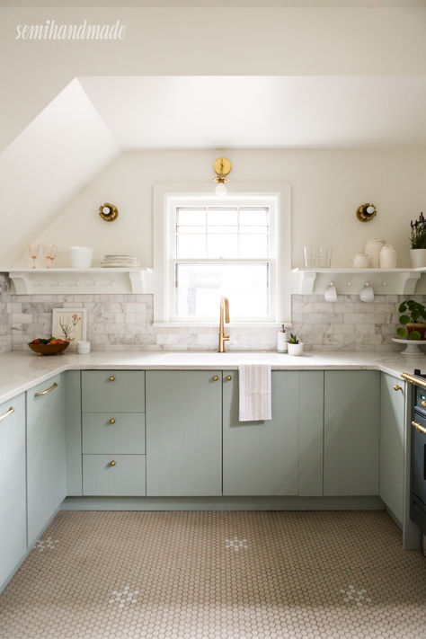 These Sarah Sherman Samuel Agave Beaded cabinet doors modernize this now bright and open kitchen. Purchase "SSS DIY Quarterline" unpainted doors to get the look. Old House Kitchen, Warm White Kitchen, Semihandmade Kitchen, Beaded Cabinet, Blue Kitchen Cabinet, Ikea Sektion Cabinets, Ikea New, Custom Cabinet Doors, Sarah Sherman