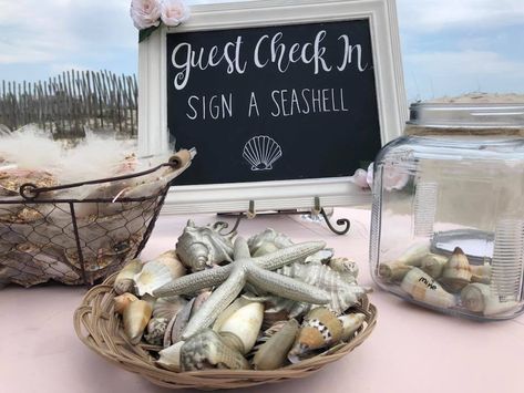 Sign a Seashell Guest Book Wedding Guest Book Ideas Beach, Tropical Wedding Guest Book, Twenty Four Birthday, Rose Gold Beach Wedding, Wooden Guest Book Sign, 25 Wedding Anniversary, Gold Beach Wedding, Beach Wedding Guest Book, Nantucket Wedding