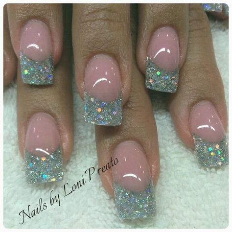 Glitter Acrylic French Nails Glitter, Firework Nail Art, Disco Nails, Firework Nails, Glitter French Manicure, Wedding Nails Glitter, Almond Nails Designs, Glitter Acrylic, Pink Acrylic