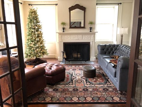 Formal Sitting Room, Sofa Fireplace, Dark Brown Leather Sofa, Two Couches, Living Room Panelling, Parlor Room, Grey Couch, Victorian Living Room, Blue Lounge