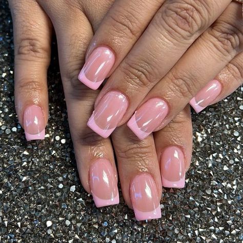 Pink tip french with hard gel & chrome 💕#nailsnailsnails #frenchmanicure #chrome #hardgel @beyzabrushednailsalon Pink Crome French Tip, Pink French Tip Nails With Chrome, Pink French With Chrome, Pink French Tips With Chrome, Pink French Tip With Chrome, Pink French Chrome Nails, Pink French Tip Chrome Nails, Pink Chrome Nails Square, Pink French Tip Chrome