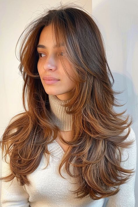 Effortless Caramel Layers, Long Butterfly Layered Haircut Brunette Bob Haircut, Blonde Layers, Bob Haircut With Bangs, Cool Short Hairstyles, Long Layered Haircuts, Fringe Hairstyles, Mid Length Hair, Short Hair With Bangs, Haircuts With Bangs