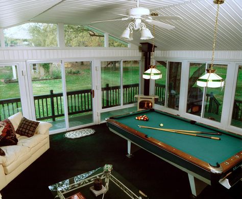 Love the idea of a pool table in the sun room. Pool Table Under Deck, Game Room Sunroom, Sunroom With Pool Table, Pool Table Decor, In Swimming Pool Tables, Pool Table Rooms, Pool Table Arcade Room, Pool Table In Barn, Rawson Homes