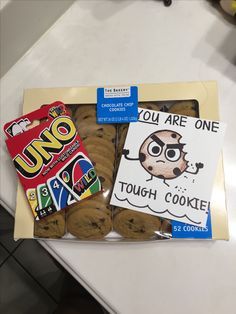 Get well soon gift idea "one tough cookie " uno cards & cookies Recovery Gift Basket, Get Well Soon Gift Basket, Get Well Soon Basket, Post Surgery Care Package, Get Well Soon Gift Ideas, Kids Care Package, One Tough Cookie, Surgery Care Package, Get Well Baskets