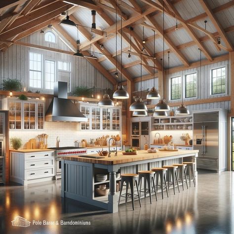 Kitchens In Barndominium, Farm Style Barndominium, Barndominium Big Windows, Barndo Loft Ideas, Loft Above Kitchen Barndominium, Interior Of Barndominium, Single Story Barndominium Interior, Boho Barndominium, Affordable Barndominium Ideas