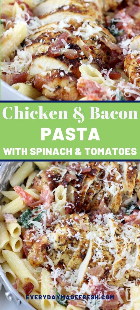 Pasta With Spinach And Tomatoes, Chicken And Bacon Pasta, Bacon Pasta Salad, Chicken Bacon Pasta, Pasta With Spinach, Comfort Pasta, Chicory Recipe, Chicken And Bacon, Chicken Crispy