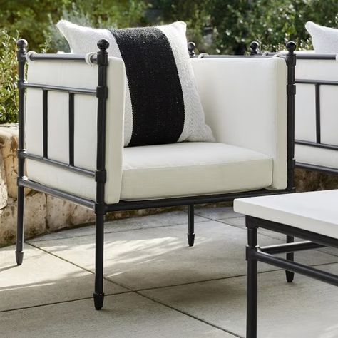 blue and white | Williams Sonoma Outdoor Furniture Layout, Cast Aluminum Patio Furniture, Wrought Iron Patio Furniture, Metal Outdoor Furniture, Outdoor Club, Grill Area, Luxury Duvet Covers, Cozy Chair, Bay House