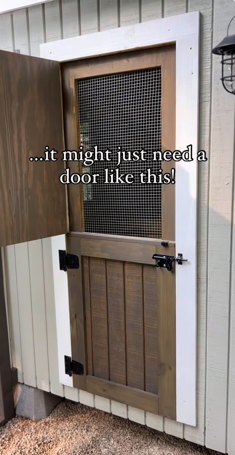 Chicken Coop Door Latch Ideas, Chicken Coop Screen Door Diy, How To Make A Chicken Coop Door, Chicken Coop Dutch Door, Barnwood Chicken Coop, Chicken Gazebo, Chicken Run Door Ideas, Dutch Door Chicken Coop, Inside Chicken Coop Decor