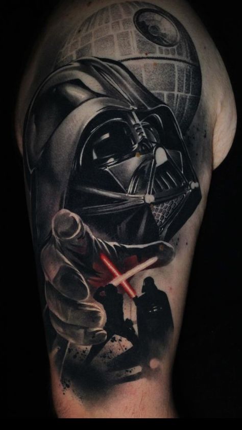 Darth Vader Tattoo Design, Vader Tattoo, Star Wars Tattoo Sleeve, Darth Vader Tattoo, Star Tattoos For Men, Salvation Tattoo, Star Wars Spaceships, Dark Vador, Tattoo Care