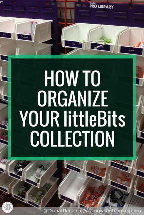 How to Organize Your littleBits collection | In this post, I detail my strategies and best practices for organizing a collection of littleBits. My school has a ProLibrary and 800 students, so finding an effective organization solution was critical. Robotics Classroom, Makerspace Elementary, Steam School, Vex Robotics, Makerspace Library, Stem Curriculum, Stem Classes, Stem Lab, Kid Science